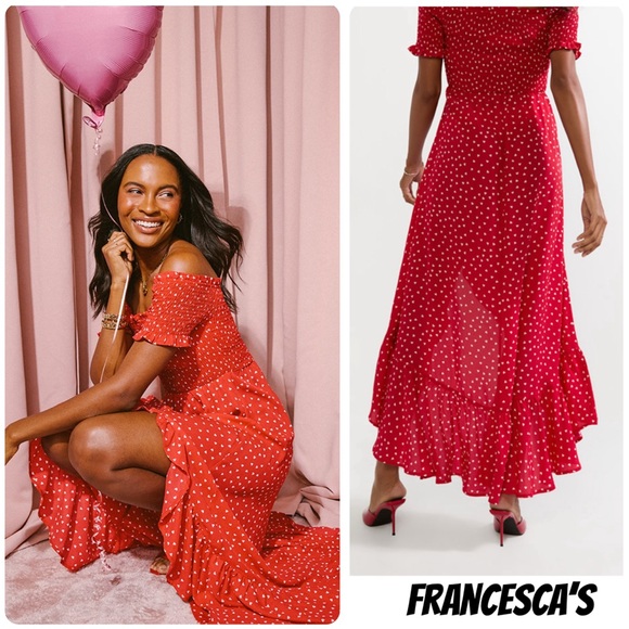 New Francesca's Perdita Off Shoulder Heart Print Red Maxi Dress